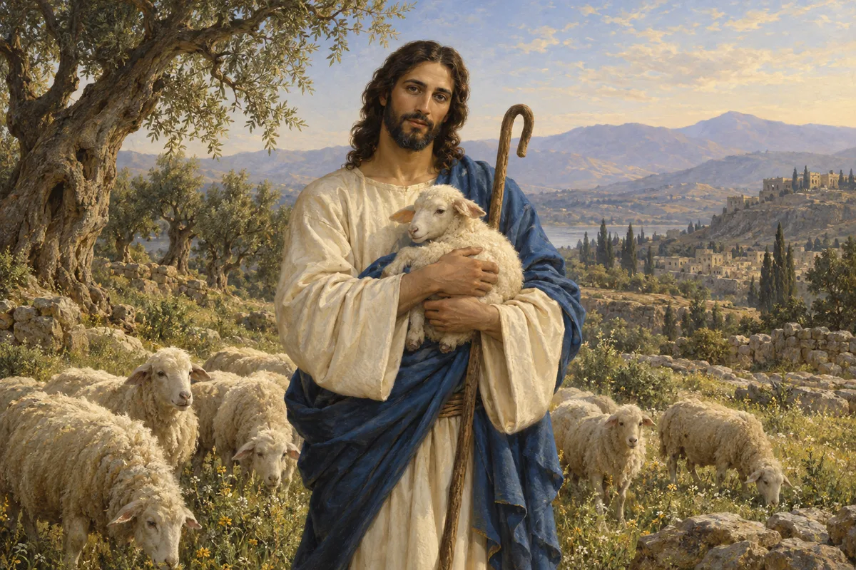 Renaissance-inspired painting of Jesus the Good Shepherd holding a lamb.