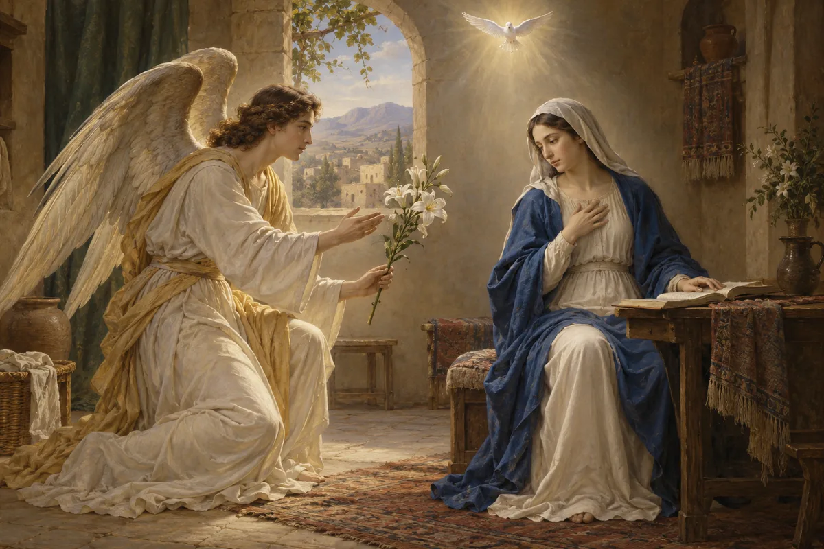 Renaissance-inspired painting of Gabriel visiting Mary at the Annunciation.