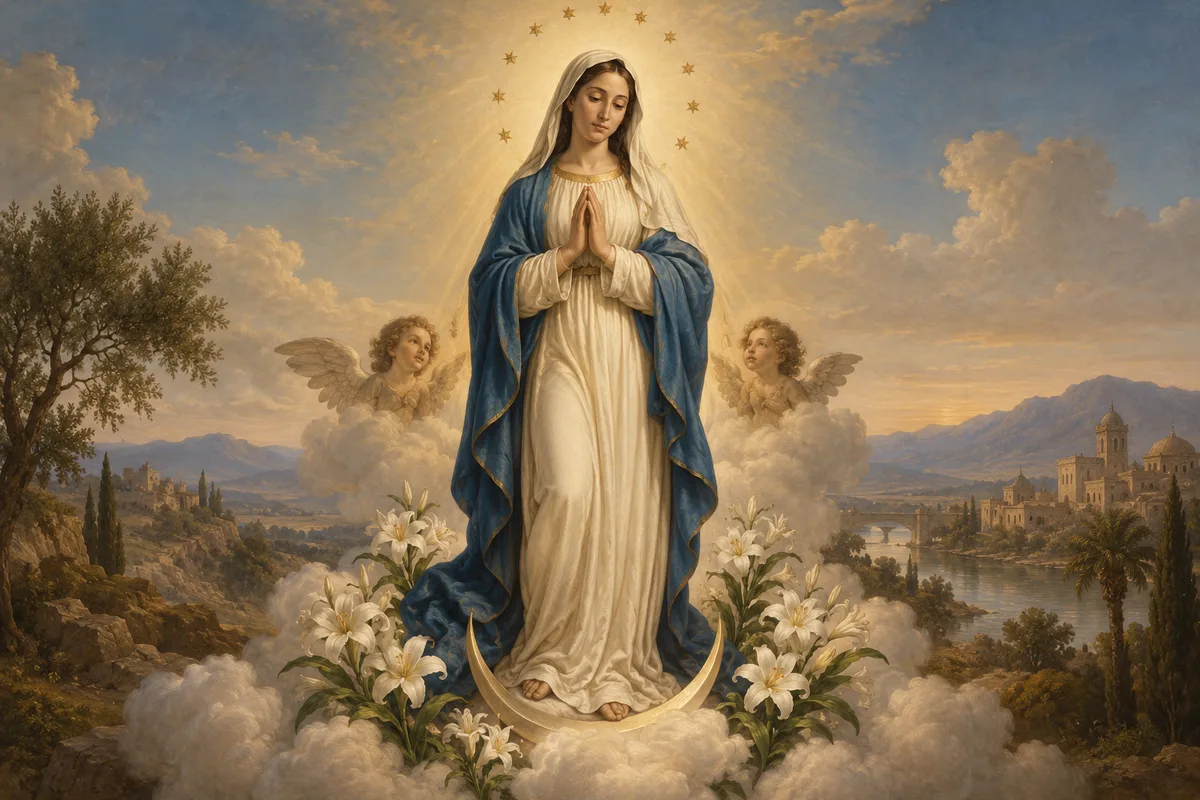 Renaissance-inspired devotional painting of Mary above a crescent moon.