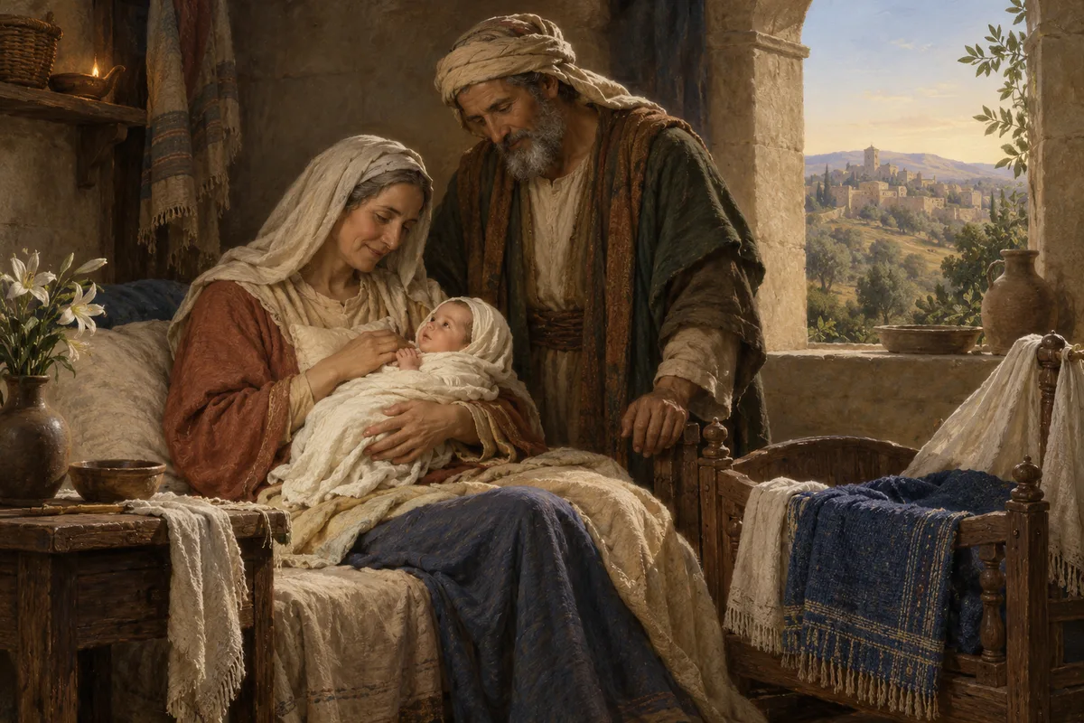 Renaissance-inspired painting of Anne and Joachim with their newborn daughter Mary.