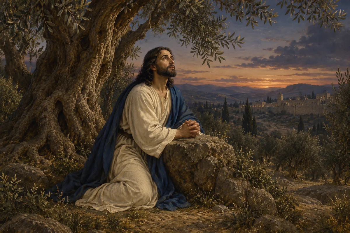 Renaissance-inspired painting of Jesus praying in the Garden of Gethsemane.